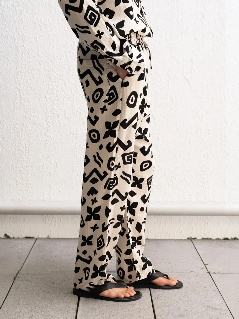 Giesto Beige Natural GIESTO Ethnic Print Relaxed Fit Wide Leg Pants for Men | Best Price UAE